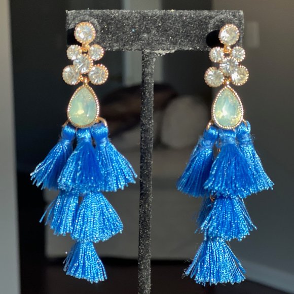 Gorgeous Vibrant Multi Tiered Drop Blue Tassel Earrings with Crystal Rhinestone - Picture 7 of 9